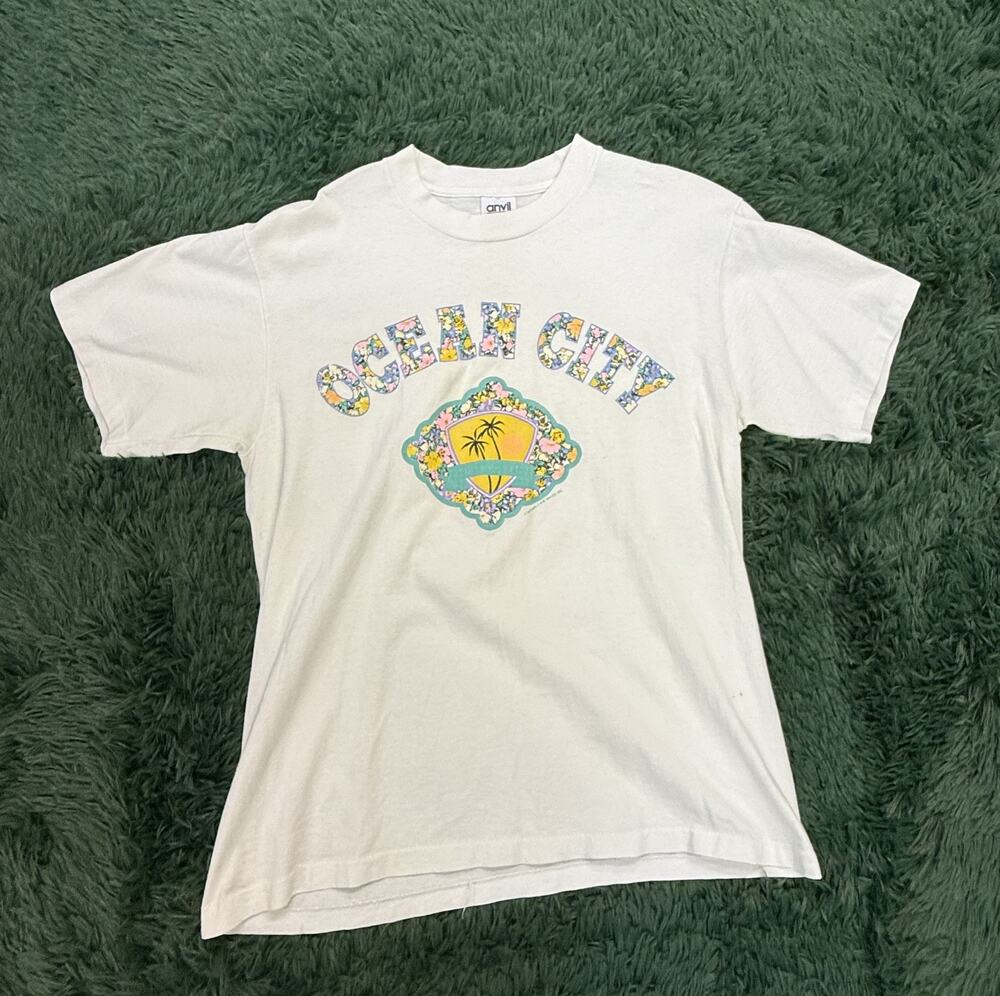 Anvil Ocean City Surf Shack Floral Graphic T-Shirt Women's Size L White Cotton